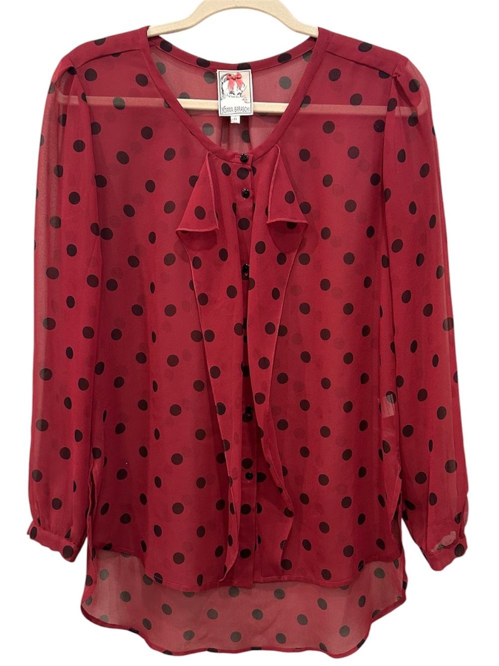 Yoana Baraschi Burgundy Sheer Polka Dot Blouse Top Ruffles Feminine Sz M